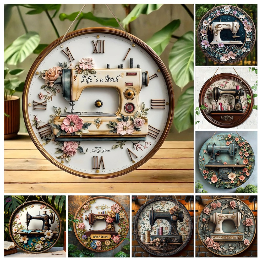 Woodworking Logo - 2D Retro Sewing Machine Flower Circular